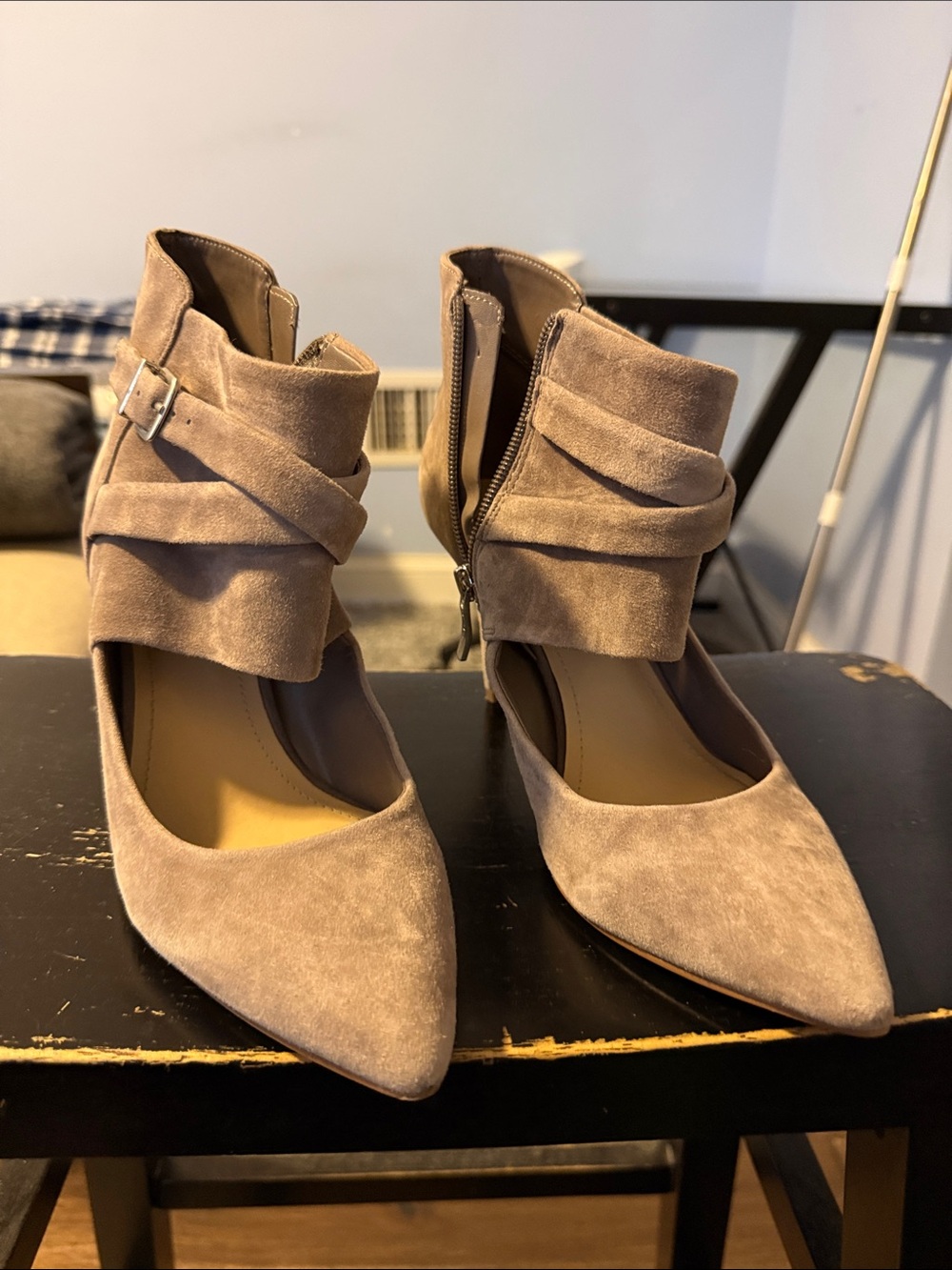 BCBG Suede Pointed-Toe Ankle Pumps with Wrap Detail
